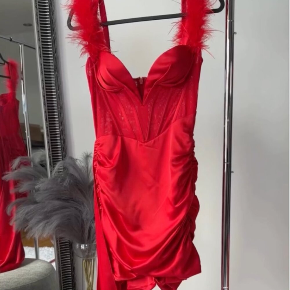 RED FEATHER MINI DRESS - Picture 3 of 5